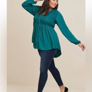 NWT Torrid Rayon Twill Smocked Button-Front Pacific Blue Blouse Size large /12